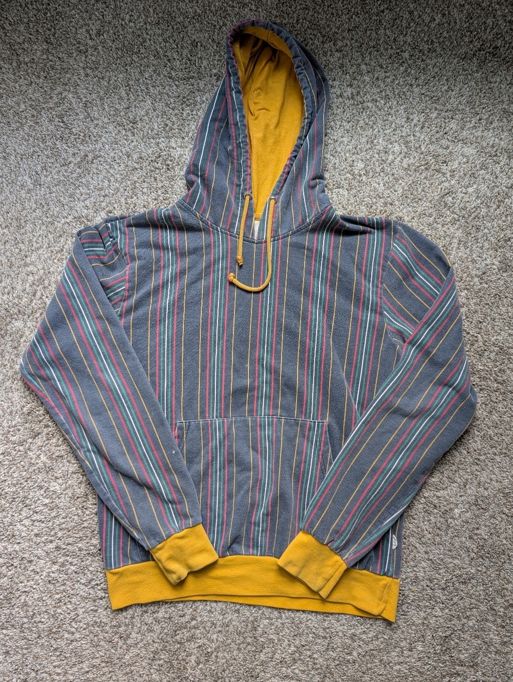 Men's Striped Hooded Pullover Sweater - Gray with Mustard Trim Sz M, Skater